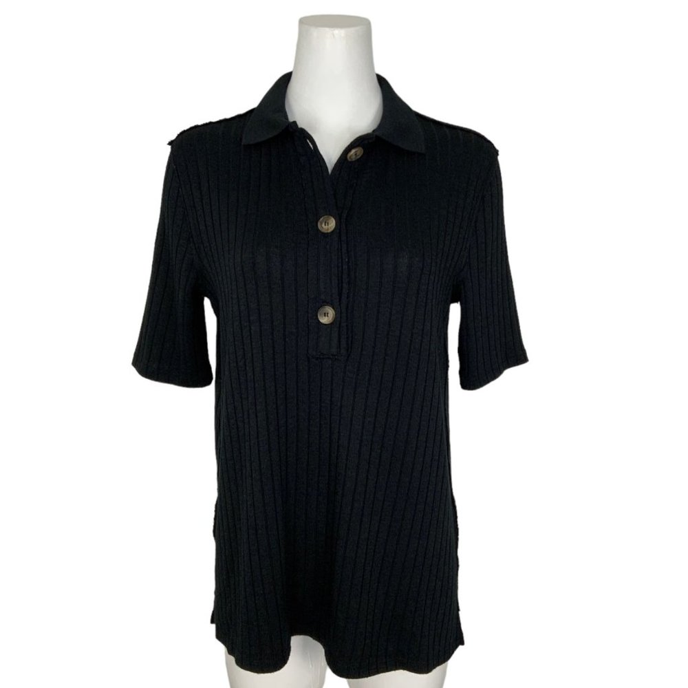 Free People Heart Strings Tunic Polo Knit Top M Black Short Sleeve Ribbed Boho